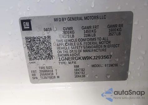 2019 Chevrolet Traverse 1Lt z USA, uszkodzony, nr VIN 1GNERGKW9KJ293567